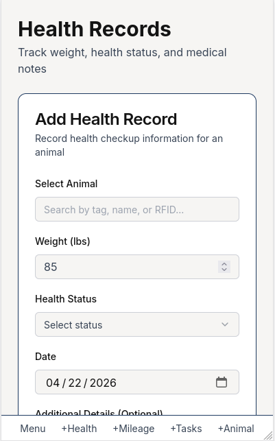 PeakHerds quick add screen for entering herd updates from mobile